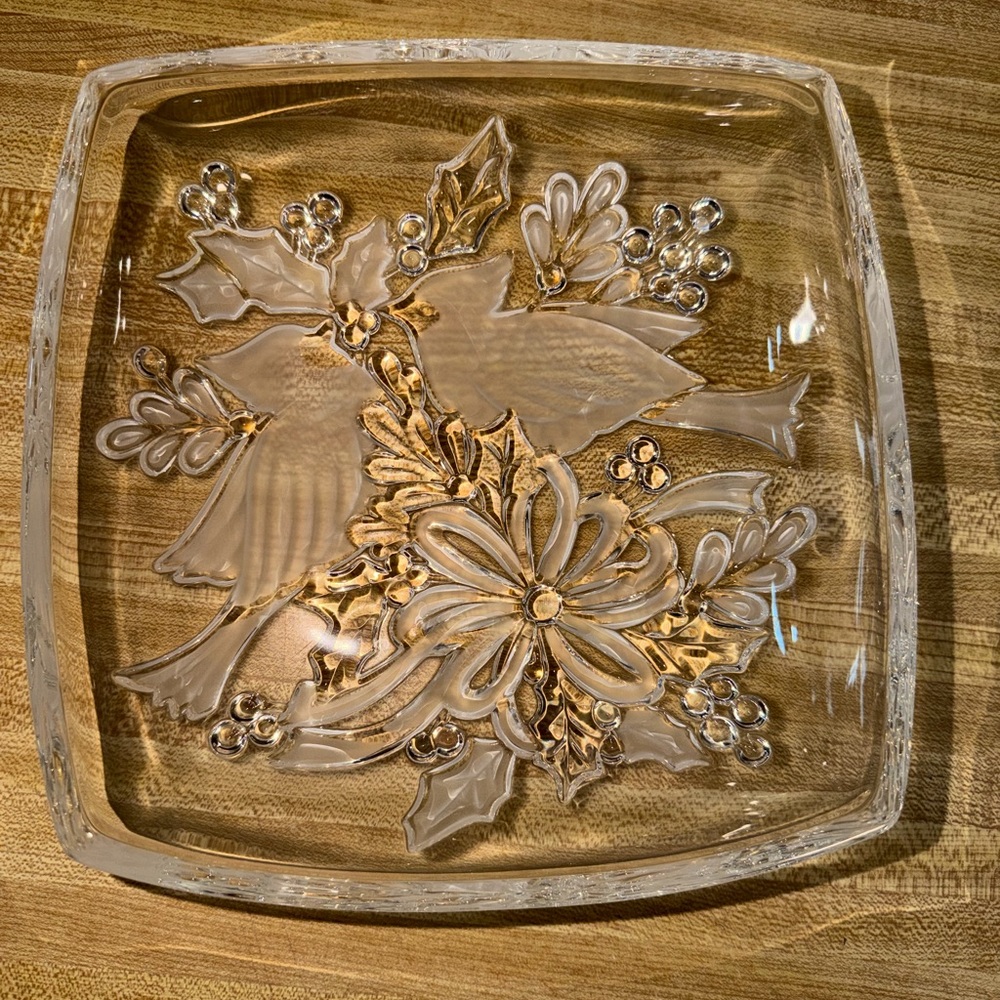 Gorham Crystal square bowl Holiday Serving Platter cardinal's Christmas